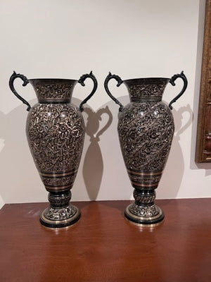 Pair of Gold & Black Ornate Metal Vases