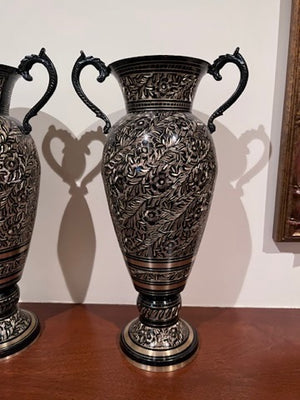 Pair of Gold & Black Ornate Metal Vases