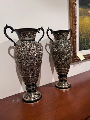 Pair of Gold & Black Ornate Metal Vases