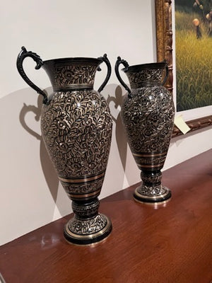 Pair of Gold & Black Ornate Metal Vases