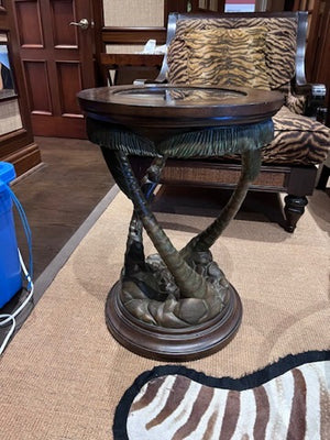 Round Wood & Glass Side Table, Palm Trees Base