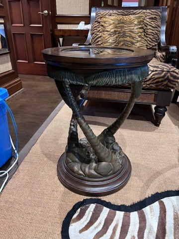 Round Wood & Glass Side Table, Palm Trees Base