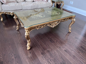 'Paradise Home Decor Furniture' Gold Wood Carved Glass Top Coffee Table