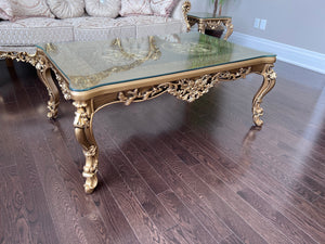 'Paradise Home Decor Furniture' Gold Wood Carved Glass Top Coffee Table