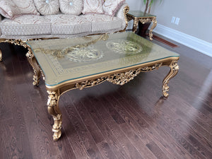 'Paradise Home Decor Furniture' Gold Wood Carved Glass Top Coffee Table