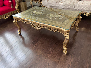 'Paradise Home Decor Furniture' Gold Wood Carved Glass Top Coffee Table