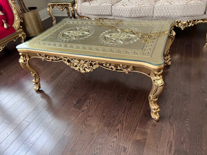 'Paradise Home Decor Furniture' Gold Wood Carved Glass Top Coffee Table