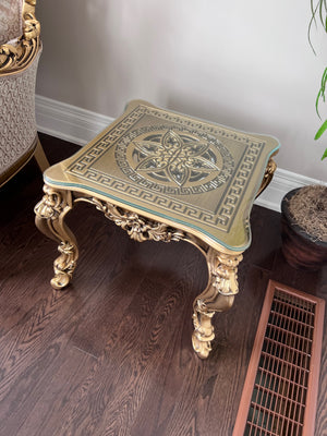 'Paradise Home Decor Furniture' Gold Wood Carved Glass Top Side Table (*3 Available)