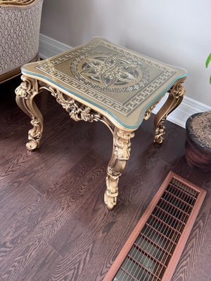 'Paradise Home Decor Furniture' Gold Wood Carved Glass Top Side Table (*3 Available)