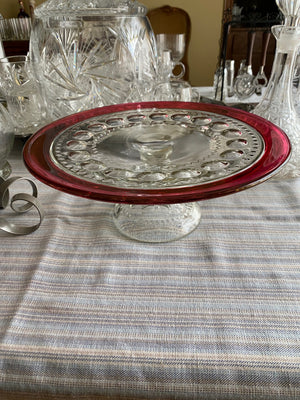 Crystal Cake Stand, Cranberry Trim