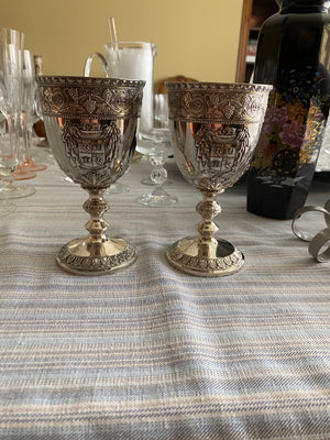 2 Ornate Silver Plate Wine Goblets