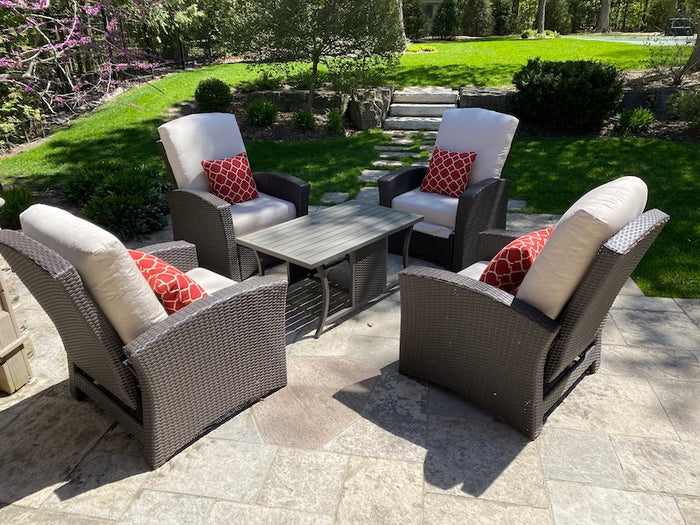 4 Mission Hills Furniture Reclining Patio Chairs, Sunbrella Cushions + Coffee Table