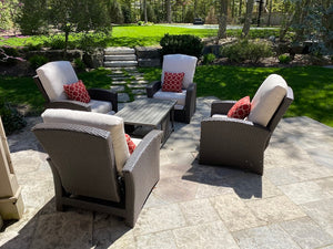 4 Mission Hills Furniture Reclining Patio Chairs, Sunbrella Cushions + Coffee Table