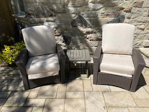 2 Mission Hills Furniture Reclining Patio Chairs, Sunbrella Cushions + Side Table