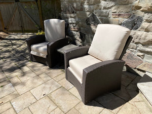 2 Mission Hills Furniture Reclining Patio Chairs, Sunbrella Cushions + Side Table