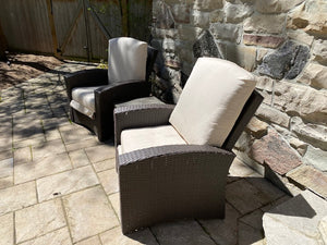 2 Mission Hills Furniture Reclining Patio Chairs, Sunbrella Cushions + Side Table