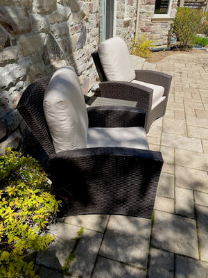 2 Mission Hills Furniture Reclining Patio Chairs, Sunbrella Cushions + Side Table