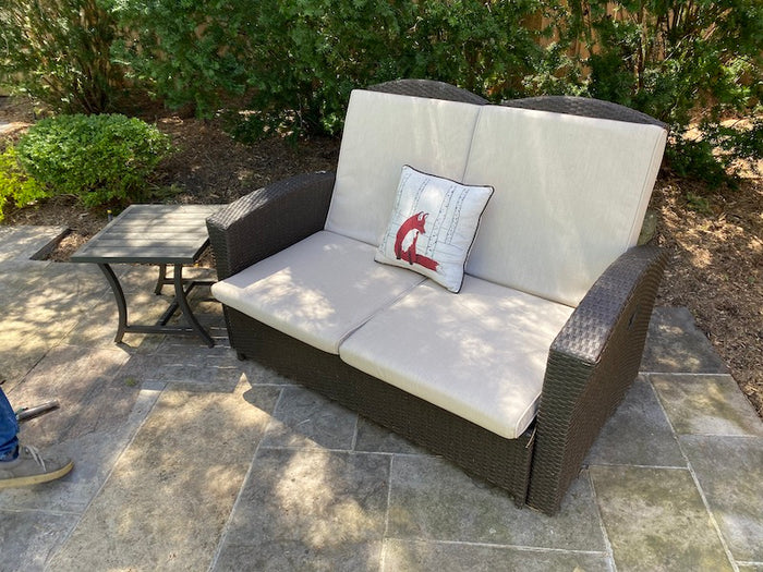 Mission Hills Furniture Reclining Patio Love Seat, Sunbrella Cushions + Side Table