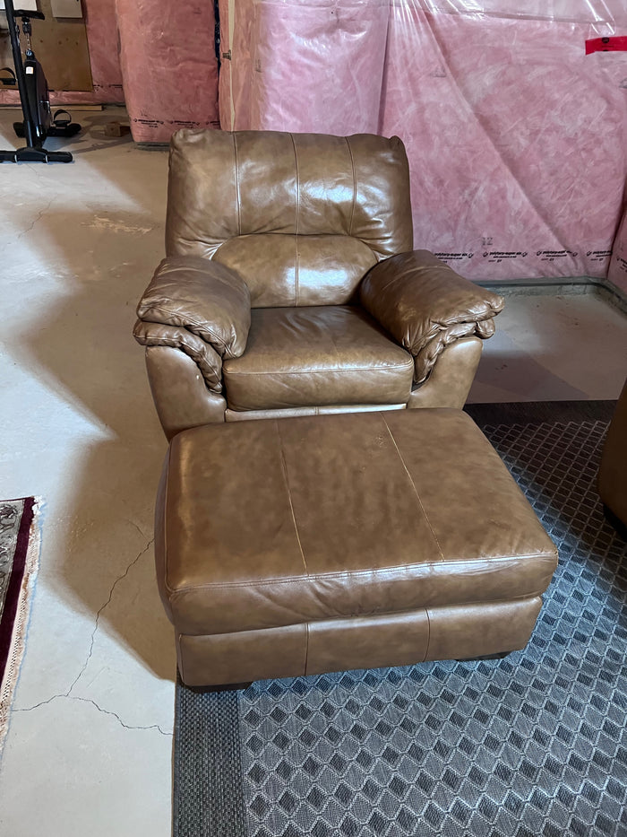 Brown Leather Reclining Chair + Ottoman