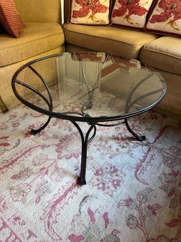 Round Glass Coffee Table, Wrought Iron Base
