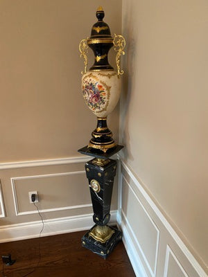 Ornate Cobalt Blue & Gold Decorative Vase + Marble Stand