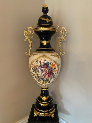 Ornate Cobalt Blue & Gold Decorative Vase + Marble Stand