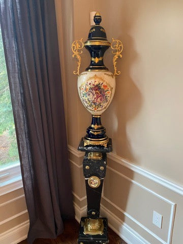 Ornate Cobalt Blue & Gold Decorative Vase + Marble Stand # 2