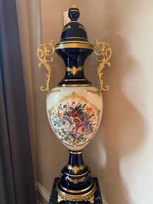 Ornate Cobalt Blue & Gold Decorative Vase + Marble Stand # 2
