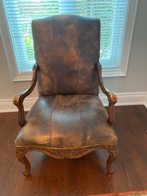 Executive Brown Leather Chair, Wood Carved Frame