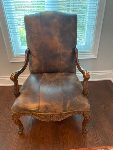 Executive Brown Leather Chair, Wood Carved Frame