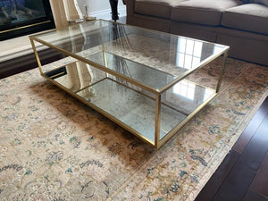 Glass Coffee Table, Mirrored Base, Gold Frame