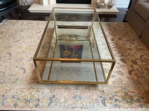 Glass Coffee Table, Mirrored Base, Gold Frame
