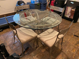 Round Glass Dining Table, Metal Base + 4 Chairs