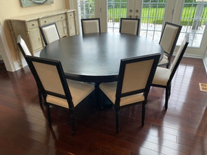 Restoration Hardware Black Round Dining Table + 8 Linen Chairs