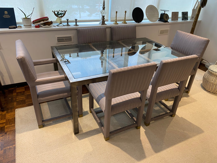 Vintage Glass Dining Table, Metal Frame  + 6 Chairs