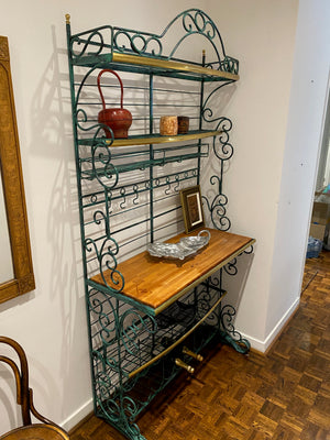 Vintage Green Metal Baker's Rack, Brass Accents