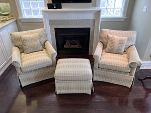 Pair of Upholstered Armchairs + Ottoman
