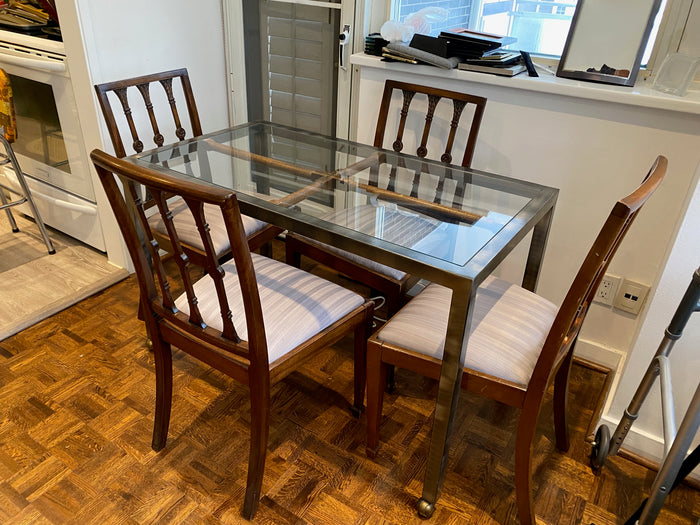 Vintage Glass Breakfast Table, Metal Frame  + 4 Chairs