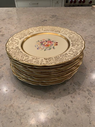 12 Johnson Bros Victorian Floral Plates, Gold Trim