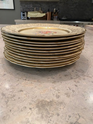 12 Johnson Bros Victorian Floral Plates, Gold Trim