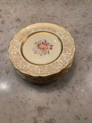 12 Johnson Bros Victorian Floral Plates, Gold Trim