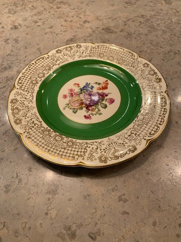 Woods Ivory Ware Green & Gold Floral Dinner Plate