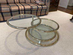 VINTAGE MCM BRASS & GLASS SWIVEL ADJUSTABLE TWO RING CIRCLE COFFEE TABLE