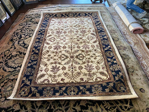 The Imperial Carpet & Home- Ivory & Blue Hand Made Indian Wool Rug- 5ftx8ft