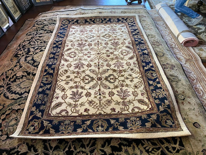The Imperial Carpet & Home- Ivory & Blue Hand Made Indian Wool Rug- 5ftx8ft