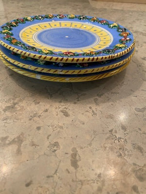 3 Made in Italy Blue & Yellow Side Plates, Raised 'Fruits' Border