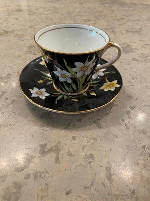 Aynsley Bone China Cup & Saucer- Black with Daffodils