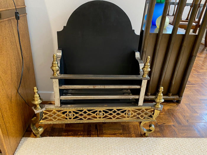 Antique Firewood Holder with Andirons