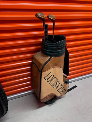 Vintage 'Louisville Golf' Persimmon Leather Bag + Fairway 3 & 5 Wood