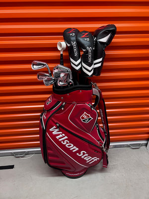 Srixon Z585 Irons, 3-PW + Driver, 3 Wood, 5 Wood with Red Leather Wilson Staff Bag